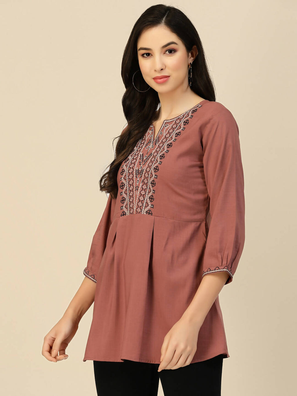 Brown Chinon Floral Embroidered Top - Zeny