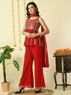 Myshka Women's Red Georgette Top & Palazzos With Dupatta Party Sets