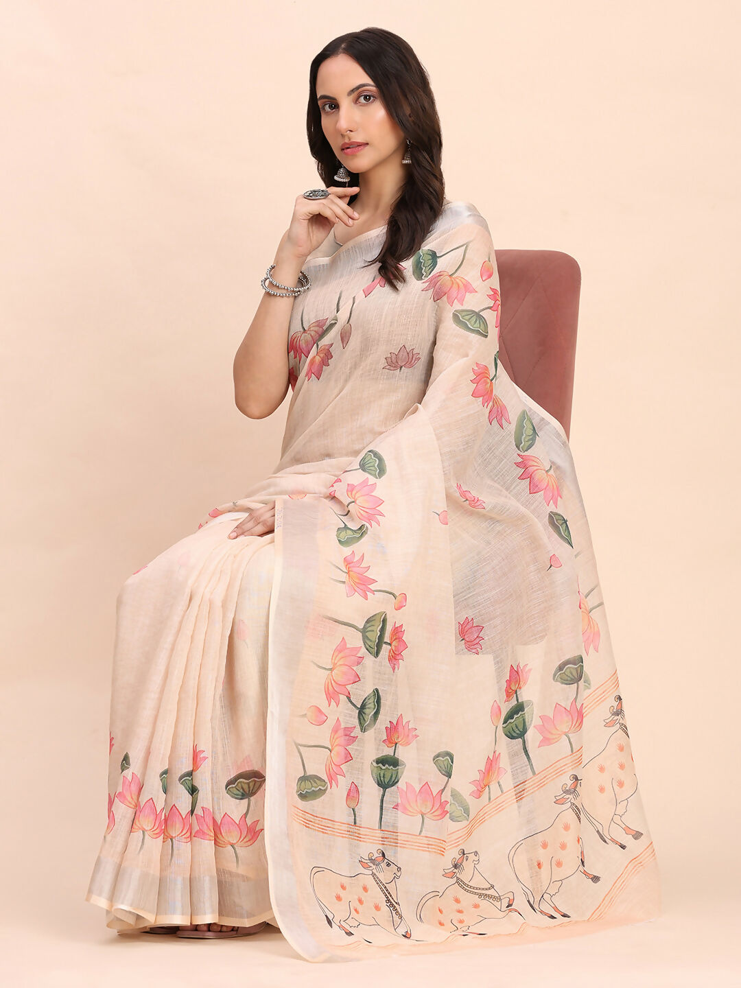 Shree Shyam Fashion Linen Cotton Peach Saree - Distacart