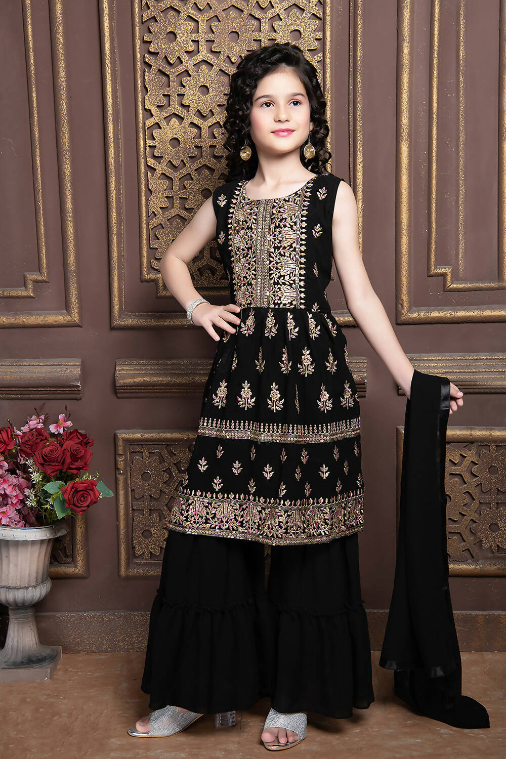 Kids Functional Designer Black Georgette Sharara Suit - Aaradhna