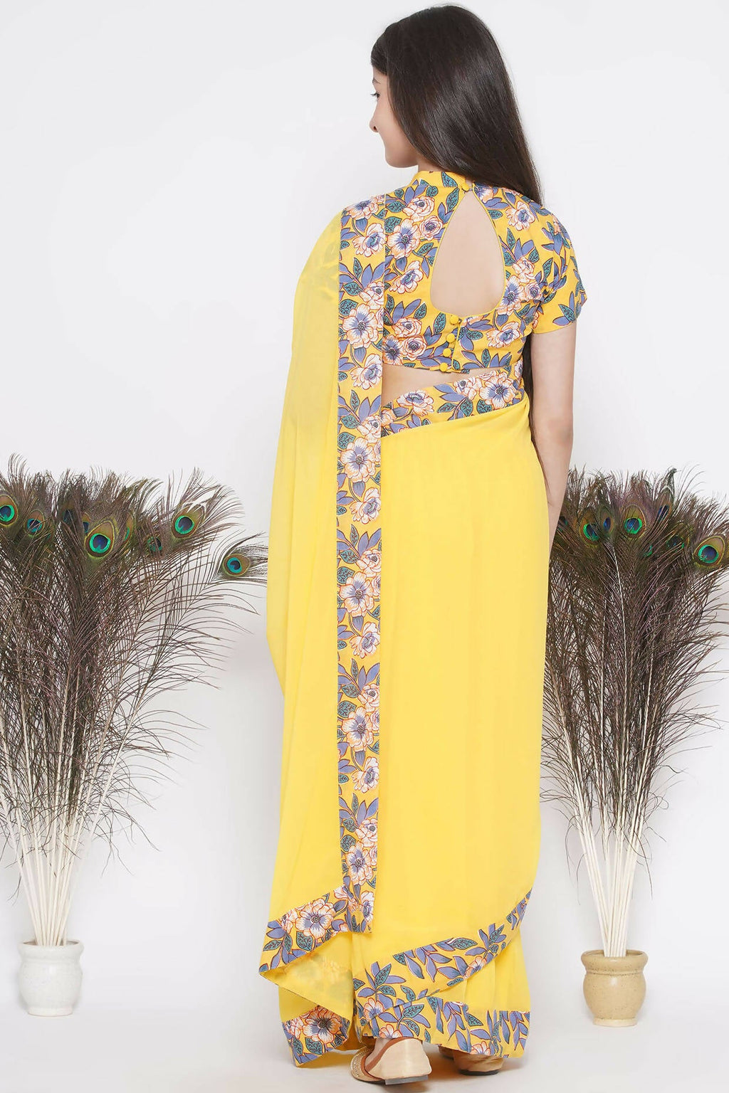 Little Bansi Floral Print Ready To Wear Saree And Floral Blouse - Yellow