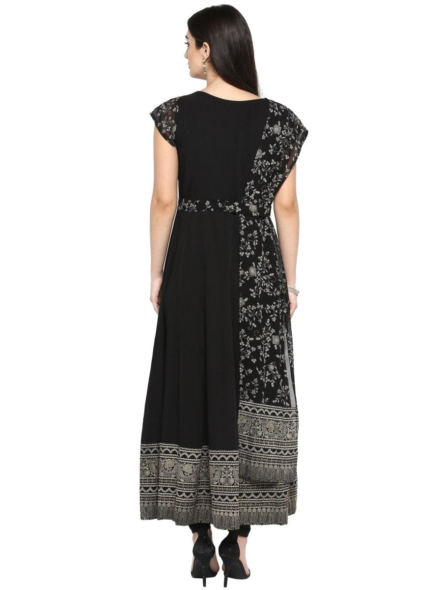 Ahalyaa Women's Black Crepe Printed Kurta With Attached Dupatta