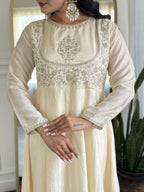 The52 CreamWomen's Gorgeous Embroidered Vichitra Silk Fabric Flared Kurta Pant with Dupatta Set - Distacart