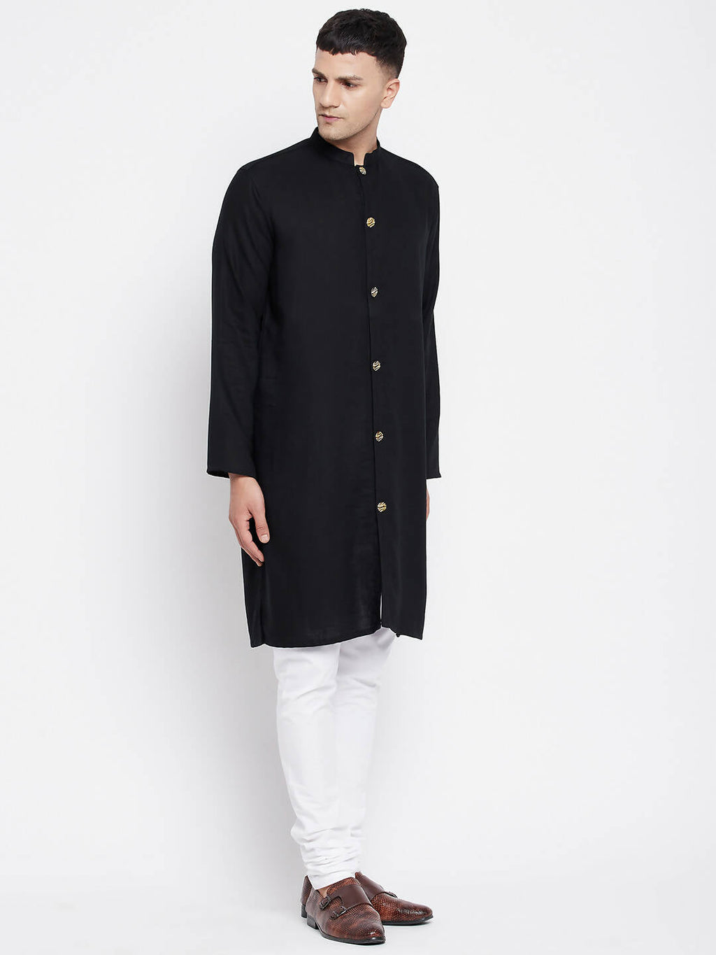 Even Apparels Black Pure Cotton Men's Sherwani Kurta With Open Front - Distacart