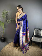 Joban Fashion Royal Blue Peacock & Floral Motifs Soft Lichi Silk Kanchipuram Saree - Distacart