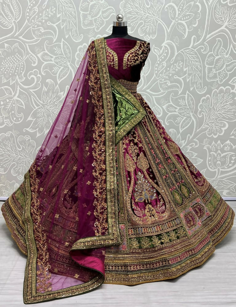 Jyoti Fashion Women's Purple Velvet Fancy Patch, Multi Thread Embroidered, Zircon Diamond, Sequins Work Wedding Lehenga Choli