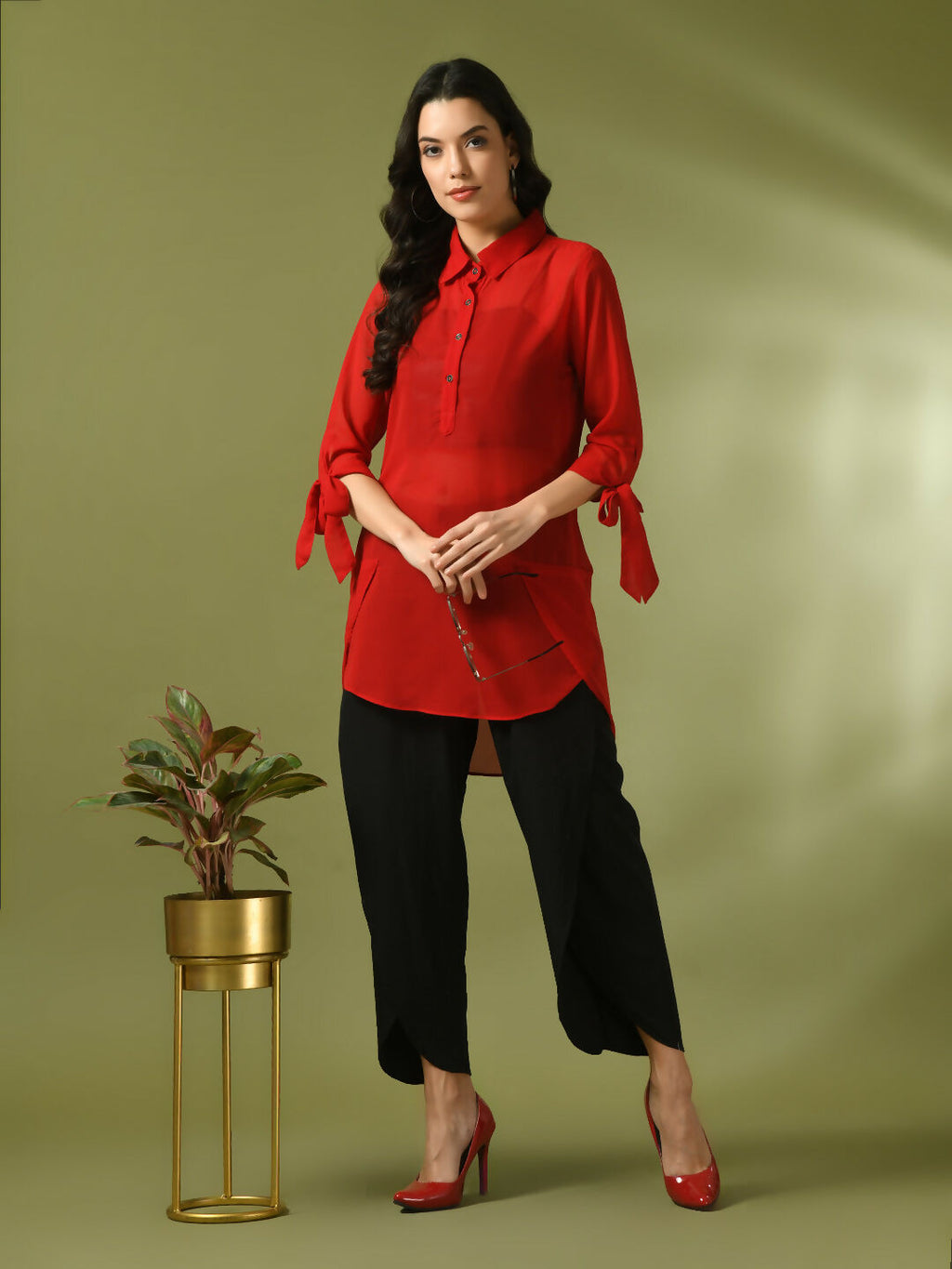 Myshka Women's Red Solid Georgette Longline Party Sheer Tunic