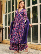 Janasya Purple Georgette Floral Kurta,Bottom & Dupatta