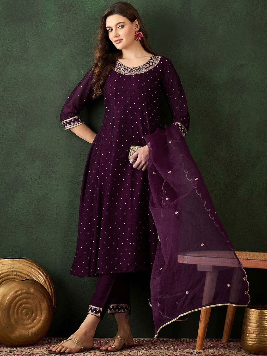 Sangria Floral Embroidered Kurta with Trouser & Dupatta