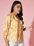 Myshka Women Mustard Floral V-Neck Regular Sleeves Polyester Top - Distacart