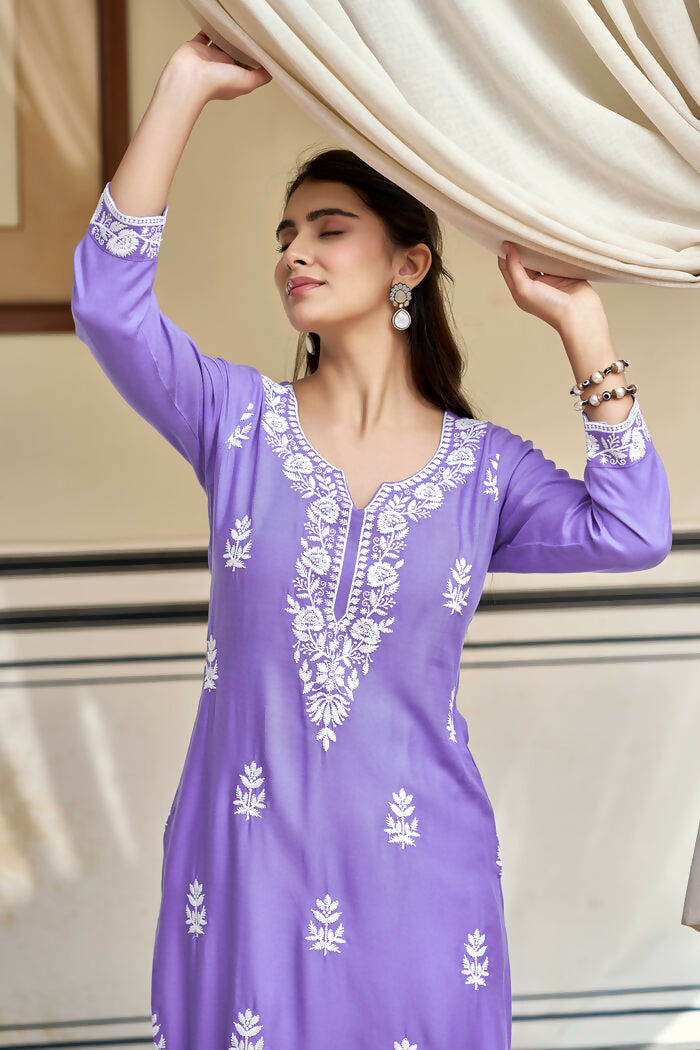 The52 Lavender Women's Gorgeous Chikankari work Pure Rayon Fabric Straight Kurta, Pant Set - Distacart