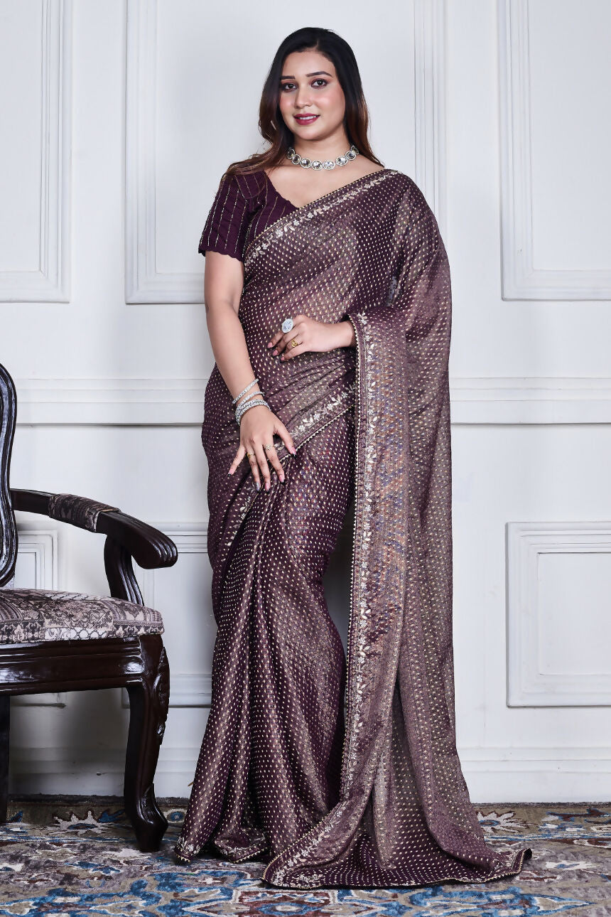 Morchari Purple Pure Chiffon Hand Embroidery Saree And Stitched Blouse - Distacart