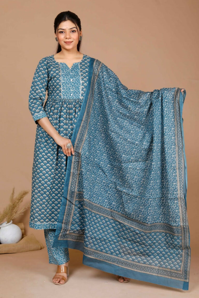 Miravan Women's Blue Ethnic Motifs Printed Gotta Patti Cotton Kurta With Palazzo & Dupatta
