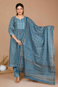 Miravan Women's Blue Ethnic Motifs Printed Gotta Patti Cotton Kurta With Palazzo & Dupatta