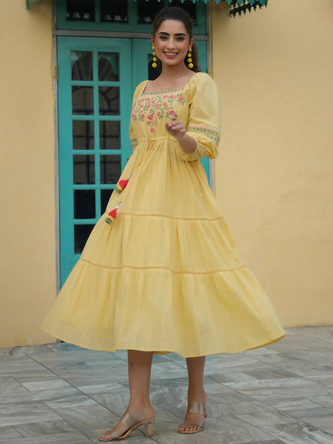 Juniper Women's Yellow Cotton Dobby Embroidered Flared Dress - Distacart