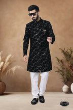 Joban Fashion Men's Black Straight Velvet Thread & Sequence Embroidery All Over Indo-Western Kurta Set