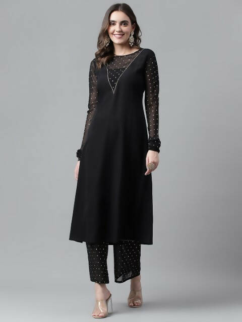 FIORRA Women's Black Poly Crepe A-Line Kurta Set