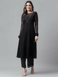 FIORRA Women's Black Poly Crepe A-Line Kurta Set