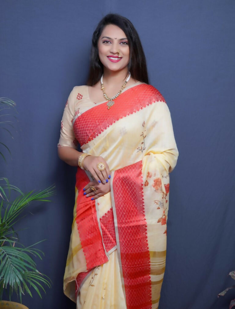 Jyoti Fashion Women's Red Linen Silk Digital Print with Jacquard Woven Border Saree with Blouse