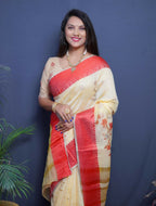 Jyoti Fashion Women's Red Linen Silk Digital Print with Jacquard Woven Border Saree with Blouse