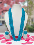 Inhanns Rangsaaz 20-Layer Luxe Long Beaded Necklace (With Optional Statement Earrings) - Sky Blue With Earring