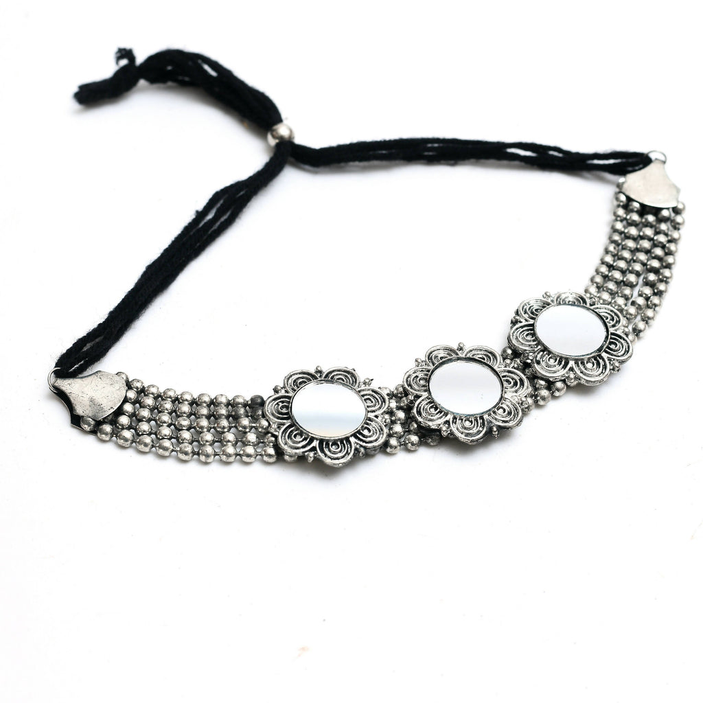 Mominos Fashion Johar Kamal Oxidised Silver-Plated Mirror Design Necklace Choker Set For Women - Distacart