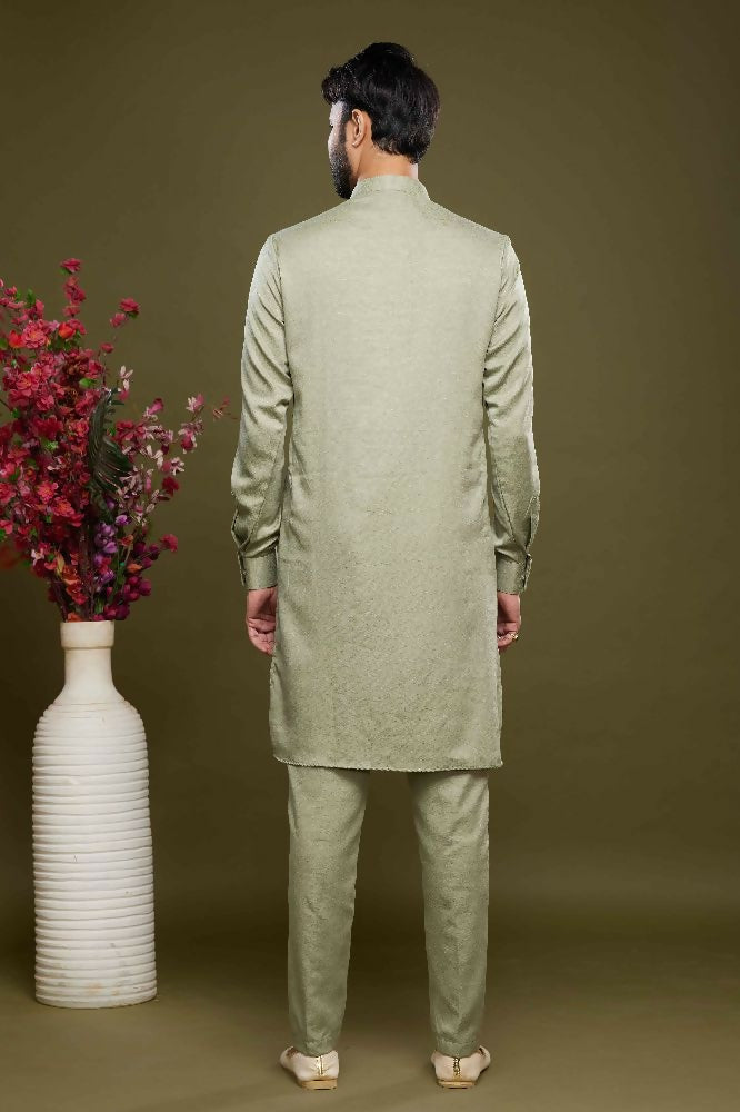Raivat Ethnic Art Banarasi Silk Thread Work Kurta Pajama In Pista Green Colour