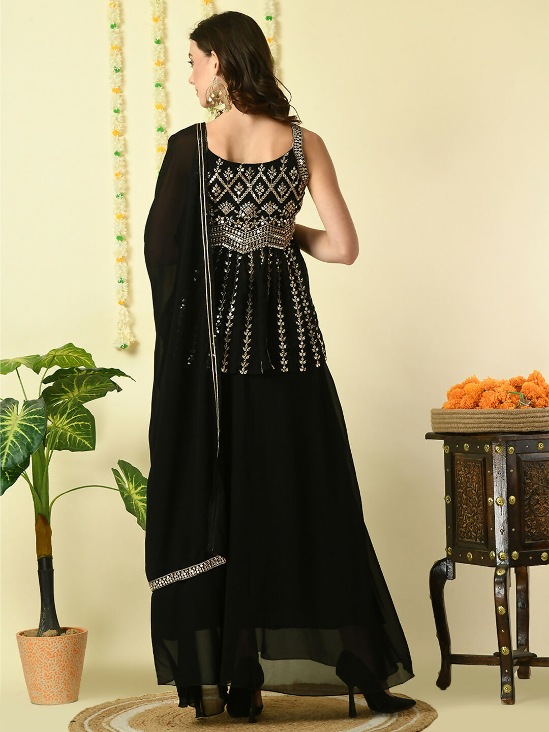 Myshka Women's Black Georgette Top & Skirt With Dupatta Party Sets