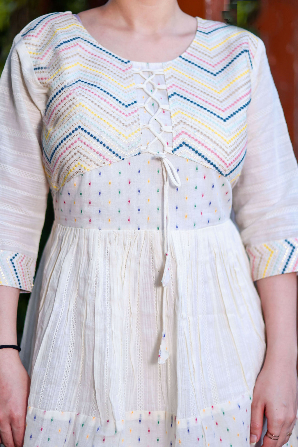 Aayaa Designer Multi Thread Hand Work Khadi Cotton One Piece Dress - Off White