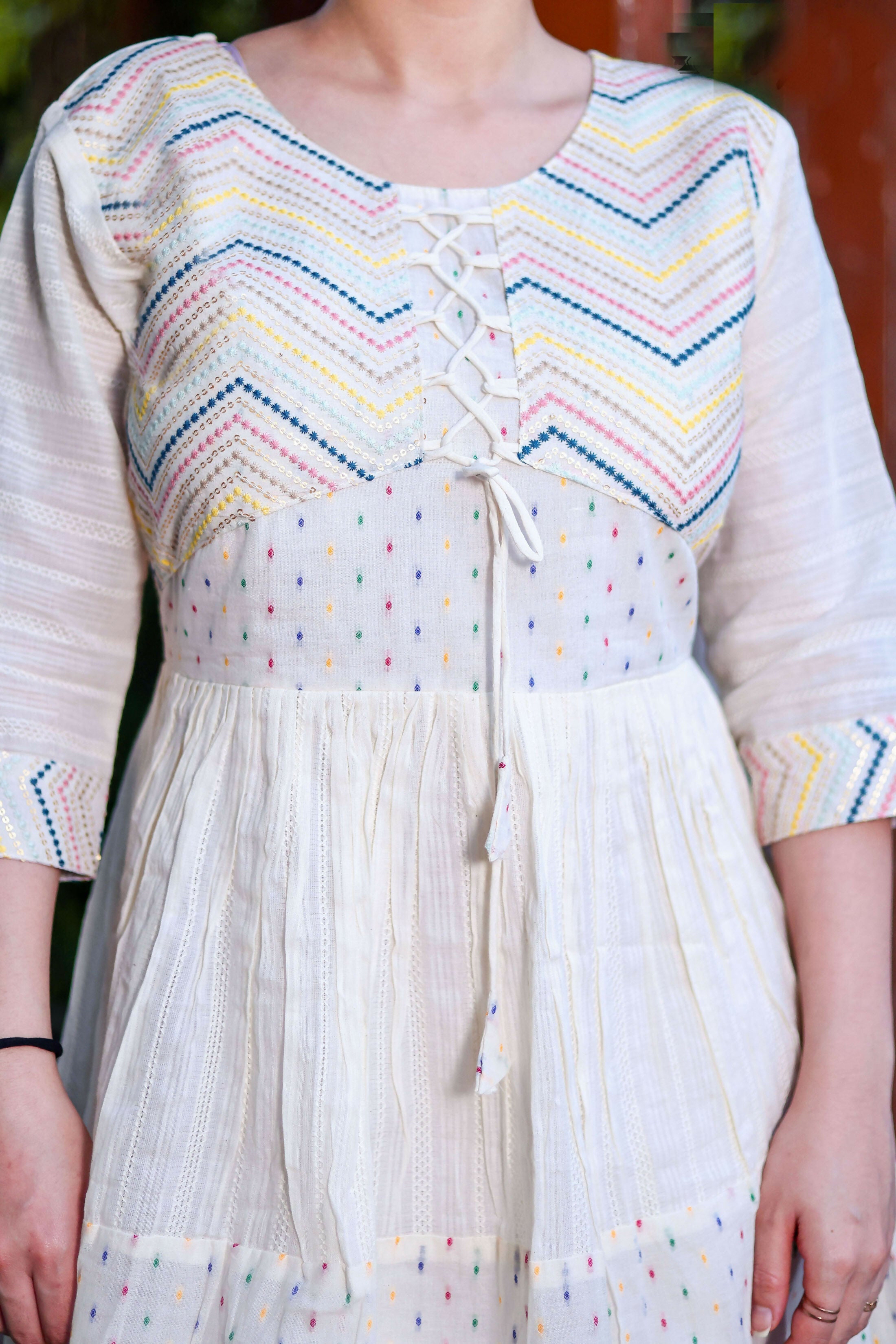 Aayaa Designer Multi Thread Hand Work Khadi Cotton One Piece Dress - Off White