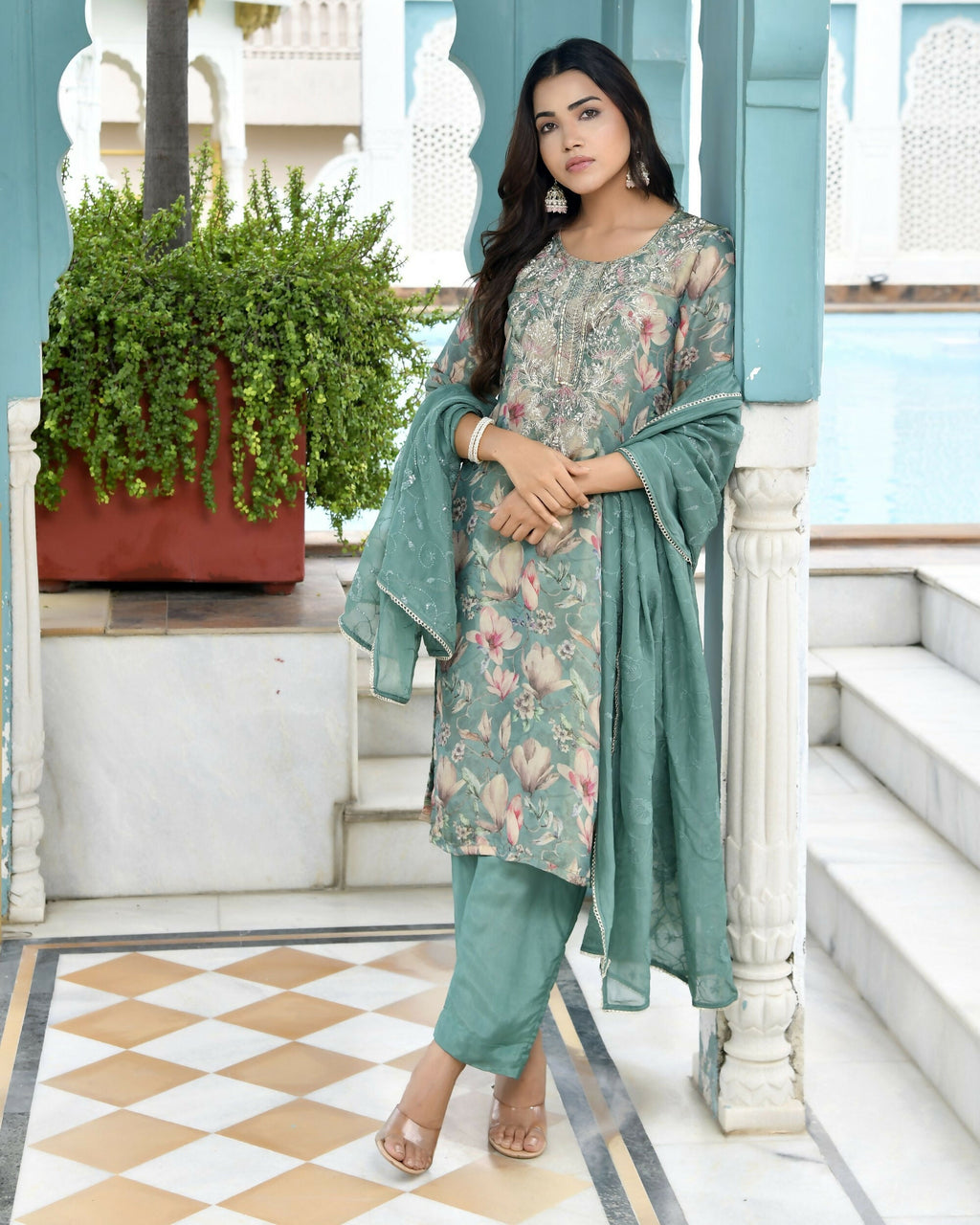 Vaasva Women's Teal Tissue Embroidered Suit Set With Solid Pant And Embroidered Dupatta