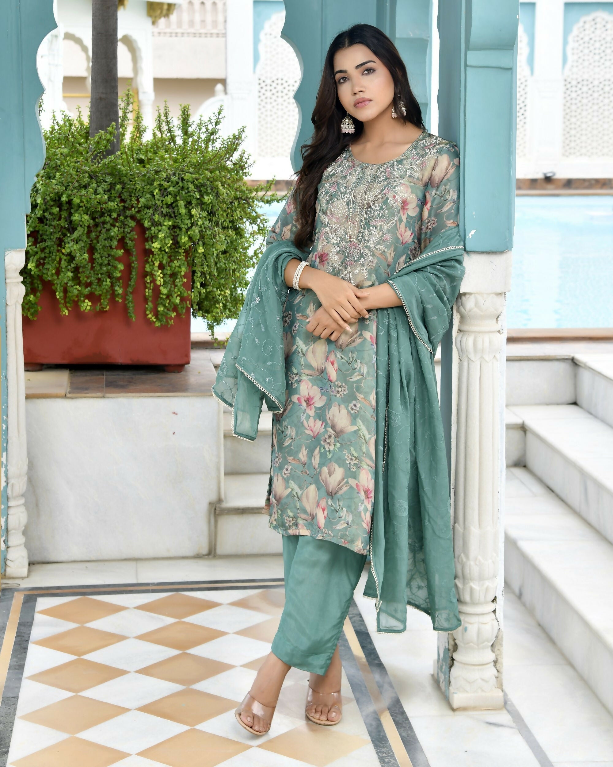 Vaasva Women's Teal Tissue Embroidered Suit Set With Solid Pant And Embroidered Dupatta