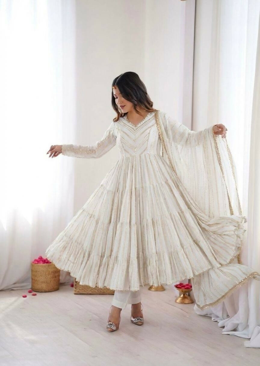 Teeya Creation White Color Mal Chanderi Silk Hand Embroidery Work Long Gown - Distacart