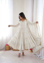 Teeya Creation White Color Mal Chanderi Silk Hand Embroidery Work Long Gown - Distacart