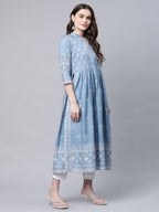 Ahalyaa Women Pastel Blue Pure Cotton Printed Kurta Pant Set With Dupatta