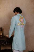 Falling Raw Silk Sea Green Vrindavan Lotus Kurta By Hilo Design