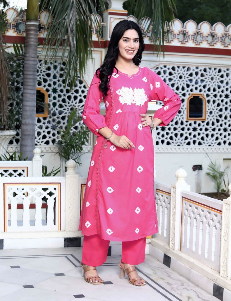 Miravan Women's Jaipuri Moti And Chikan Embroidered & Lace Embellished Pink Bandhani Printed Palazzo Set