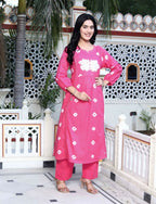 Miravan Women's Jaipuri Moti And Chikan Embroidered & Lace Embellished Pink Bandhani Printed Palazzo Set