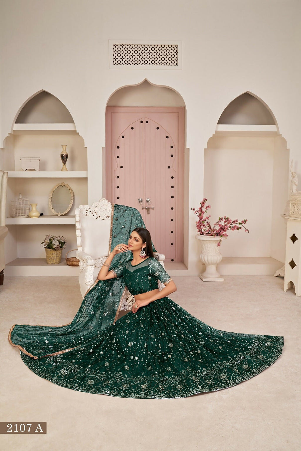 Eilara Women'S Green Butterfly Net Thread With Zari Sandwich Sequence Embroidered Work Lehenga Choli For Festivals
