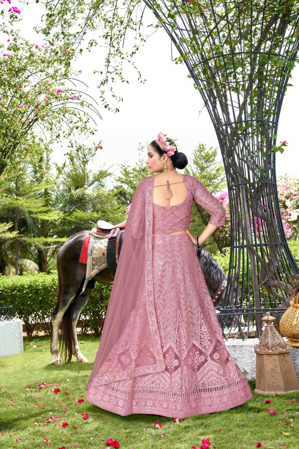 Pink Net Embroidered Semi Stitched Lehenga Choli with Dupatta - Bhagya