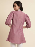 Dust Pink Chinon Yoke Embroidered A-line Top - Tarini