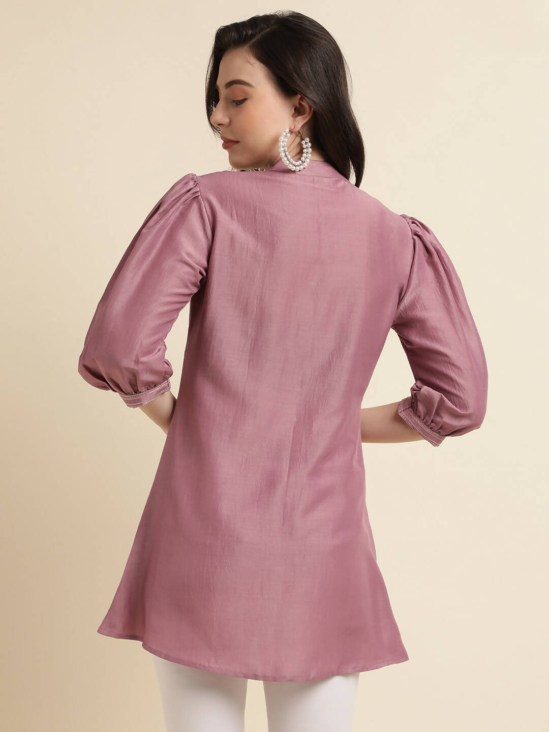 Dust Pink Chinon Yoke Embroidered A-line Top - Tarini