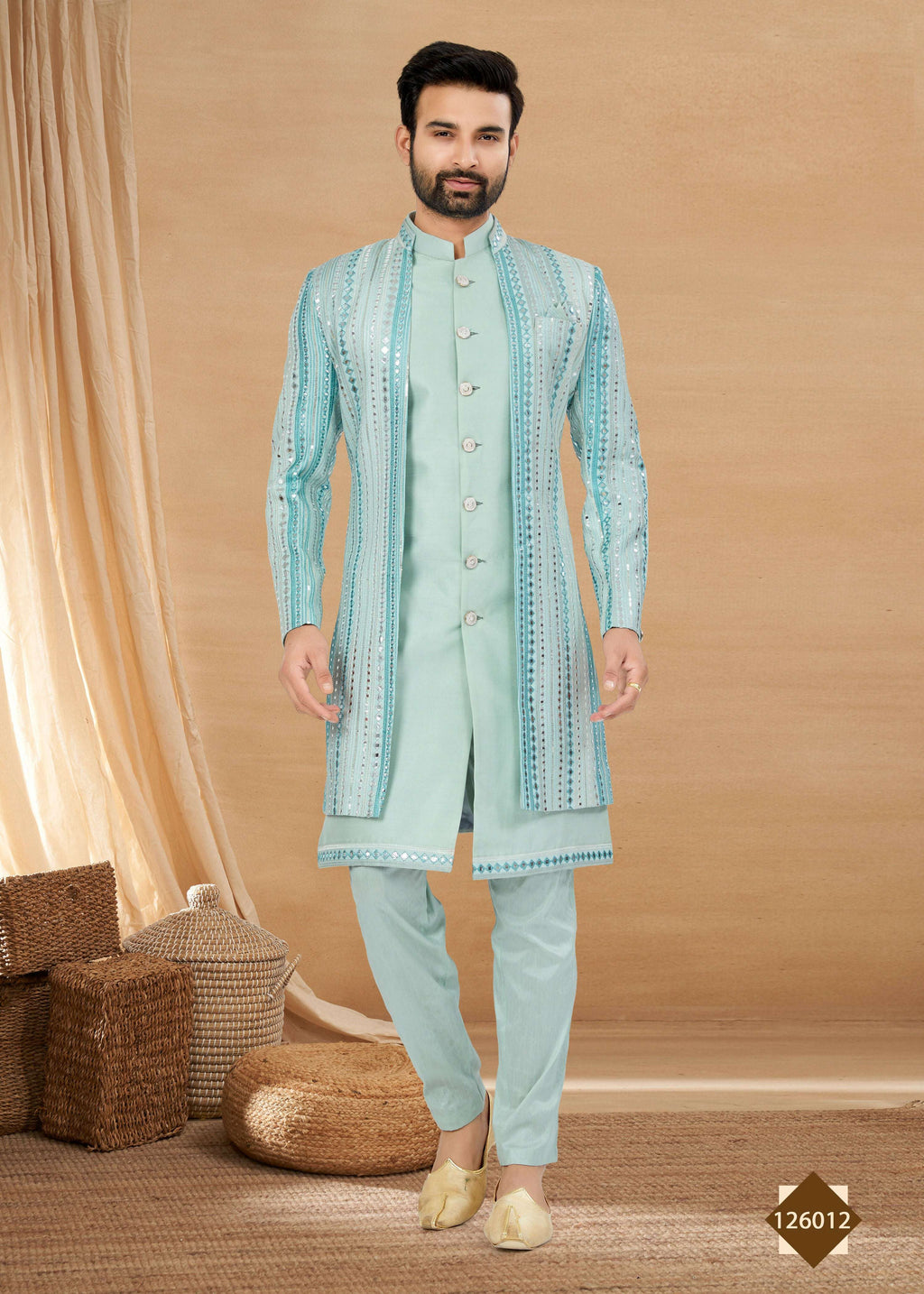 Joban Fashion Men's Sky Blue Heavy Art Silk Double Finish Plain Indowestern
