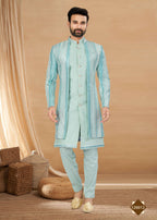 Joban Fashion Men's Sky Blue Heavy Art Silk Double Finish Plain Indowestern