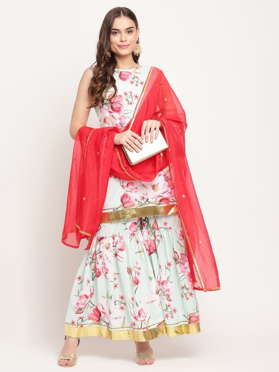Ahalyaa Women's Mint Green Crepe Digital Floral Print Kurta Sharara Set with Dupatta