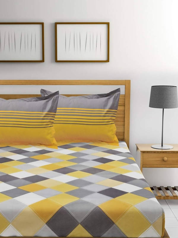 Vamika Printed Cotton Yellow & Multicolor Bedsheet With Pillow Covers (LEOC_CHECK_Y)