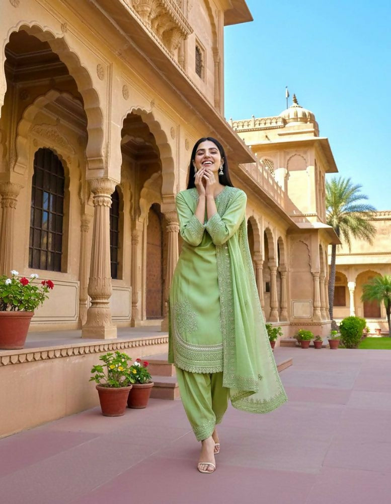 Teeya Creation Pista Color Natural Creap Silk Designer Fancy Party Wear Salwar Suit - Distacart