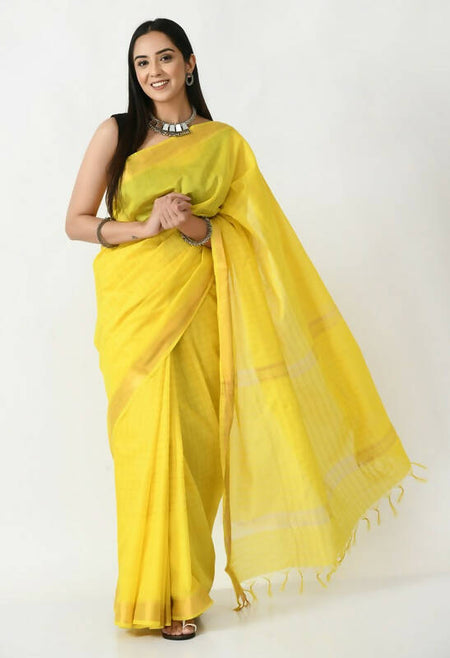 Mominos Fashion Moeza Yellow Bhagalpuri Handloom Silk Raj Shree Saree with unstitched Blouse piece