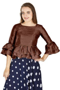 Aastha Fashion Women's Coffee Art Silk Bell Sleeves attire with Poly Cotton Lining Blouse