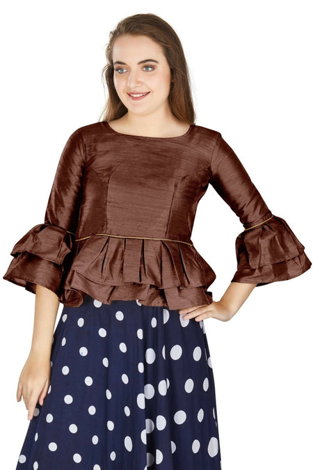 Aastha Fashion Women's Coffee Art Silk Bell Sleeves attire with Poly Cotton Lining Blouse